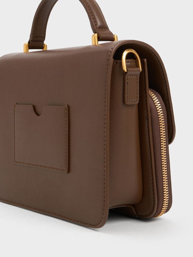 Front Flap Top Handle Bag, Dark Brown, hi-res