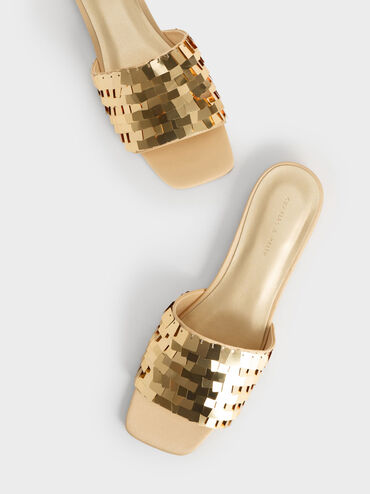 Sequinned Satin Slide Sandals, Gold, hi-res