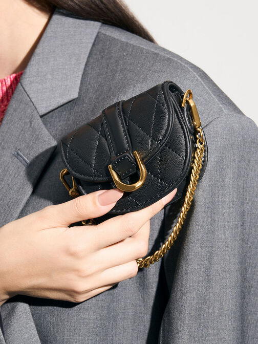 Micro Gabine Quilted Saddle Bag​, Black Textured, hi-res