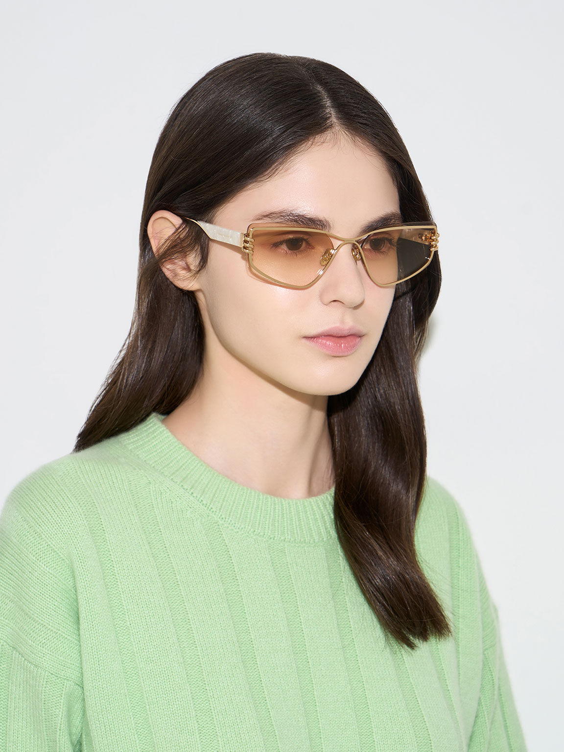 Metallic-Rimmed Geometric Sunglasses, Cream, hi-res