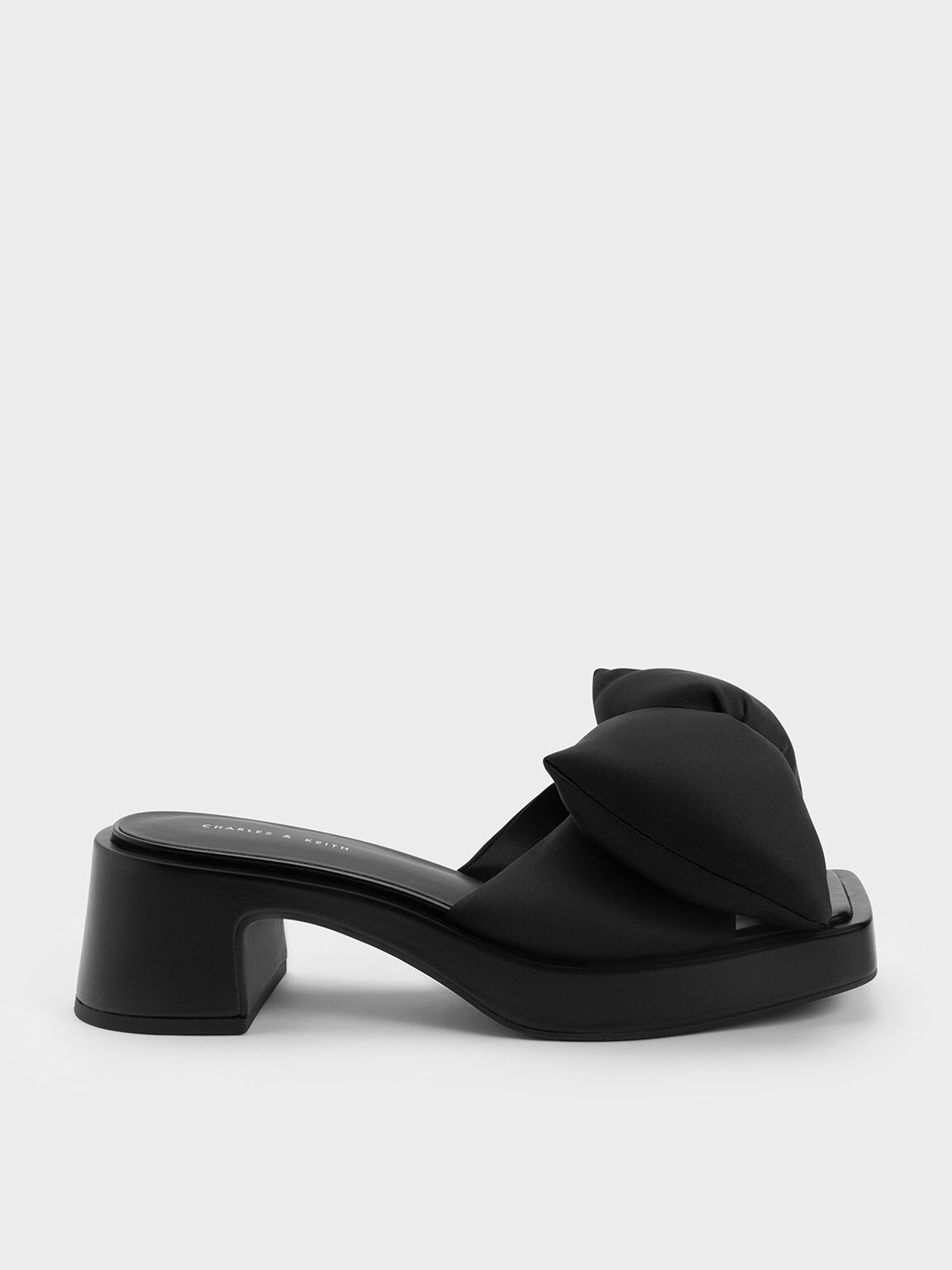 Puffy Bow Heeled Mules, Black, hi-res