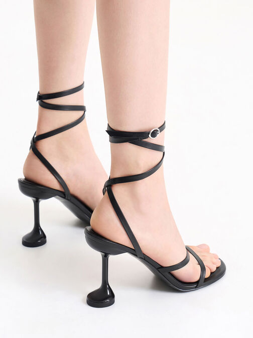 Celestine Sculptural Heel Strappy Sandals, Black, hi-res