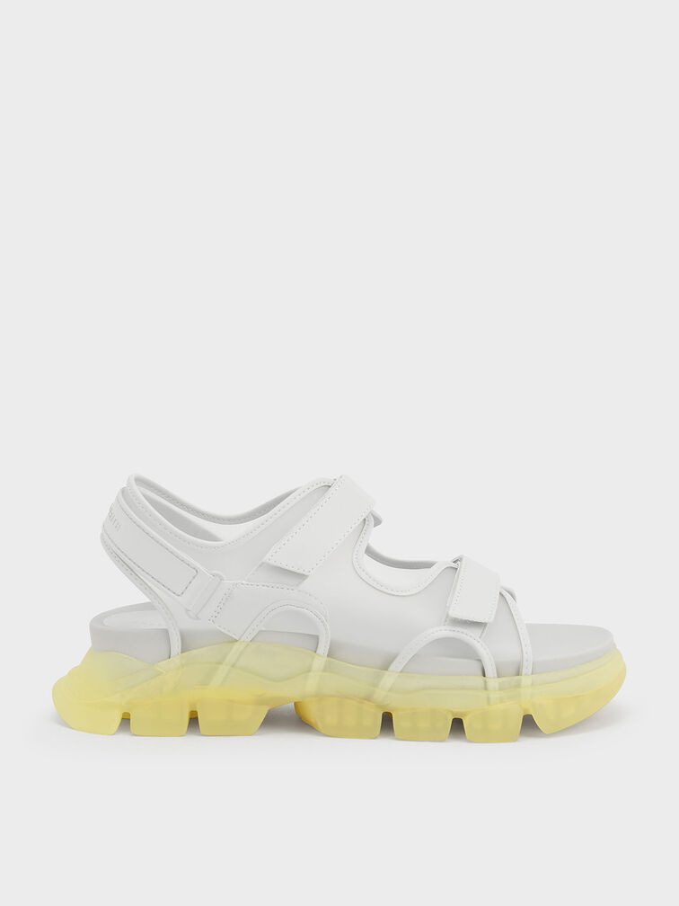 Coloured Translucent-Sole Chunky Sport Sandals, Yellow, hi-res