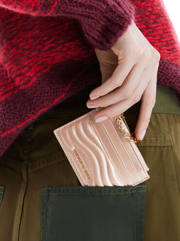 Aubrielle Stitch-Trim Zip Card Holder, Rose Gold, hi-res