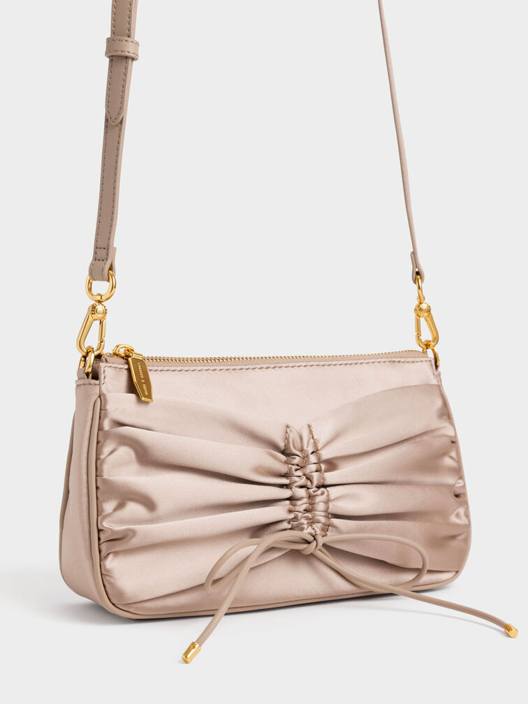 Satin Bow-Tie Bead-Handle Shoulder Bag, Beige, hi-res