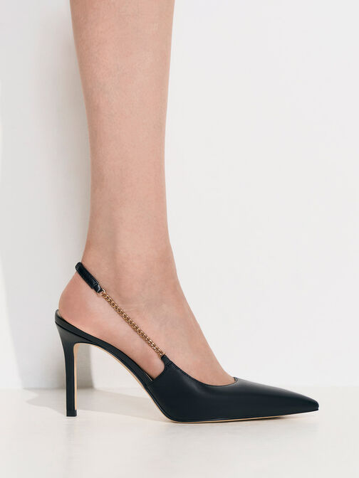Chain-Link Slingback Stiletto Pumps, Black, hi-res