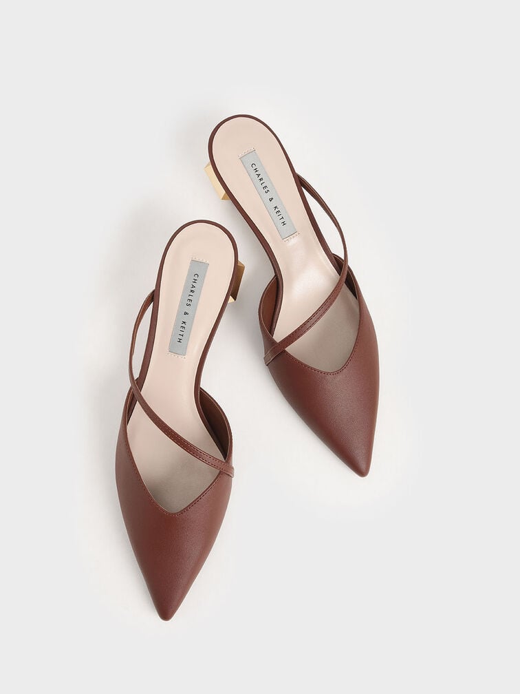 Everly Asymmetric Strap Chrome Heel Mules, Maroon, hi-res