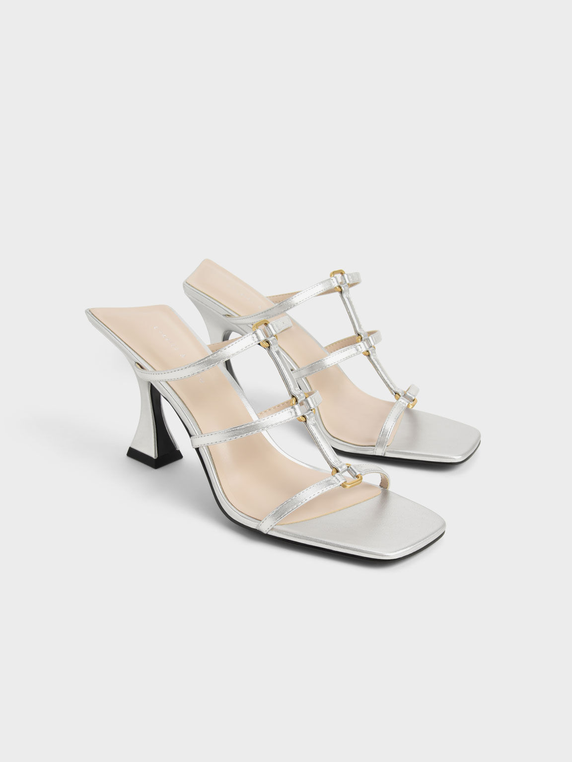 Strappy Sculptural Heel Mules, Silver, hi-res