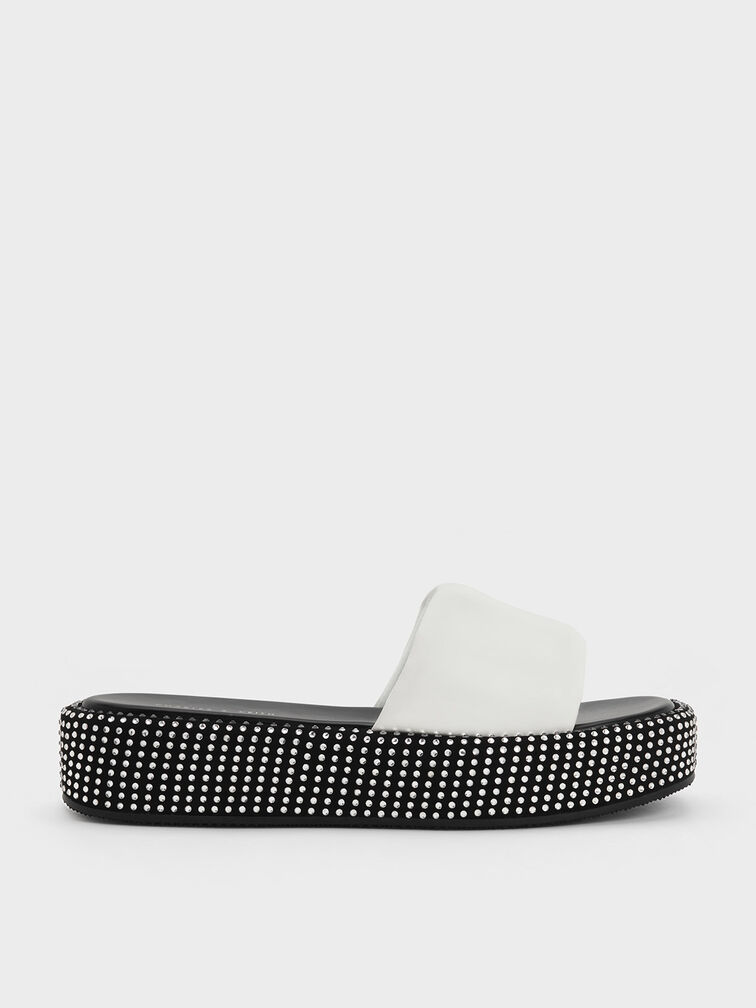 Crystal-Embellished Flatform Sandals, White, hi-res