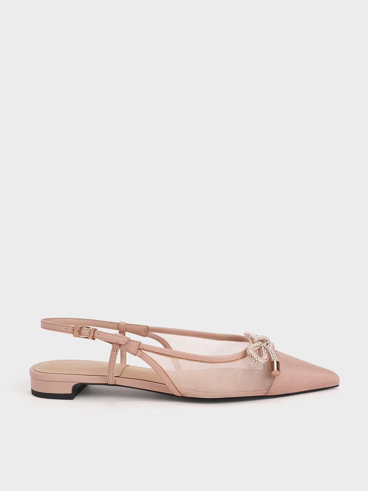 Embellished-Bow Mesh Slingback Ballerinas, Nude, hi-res