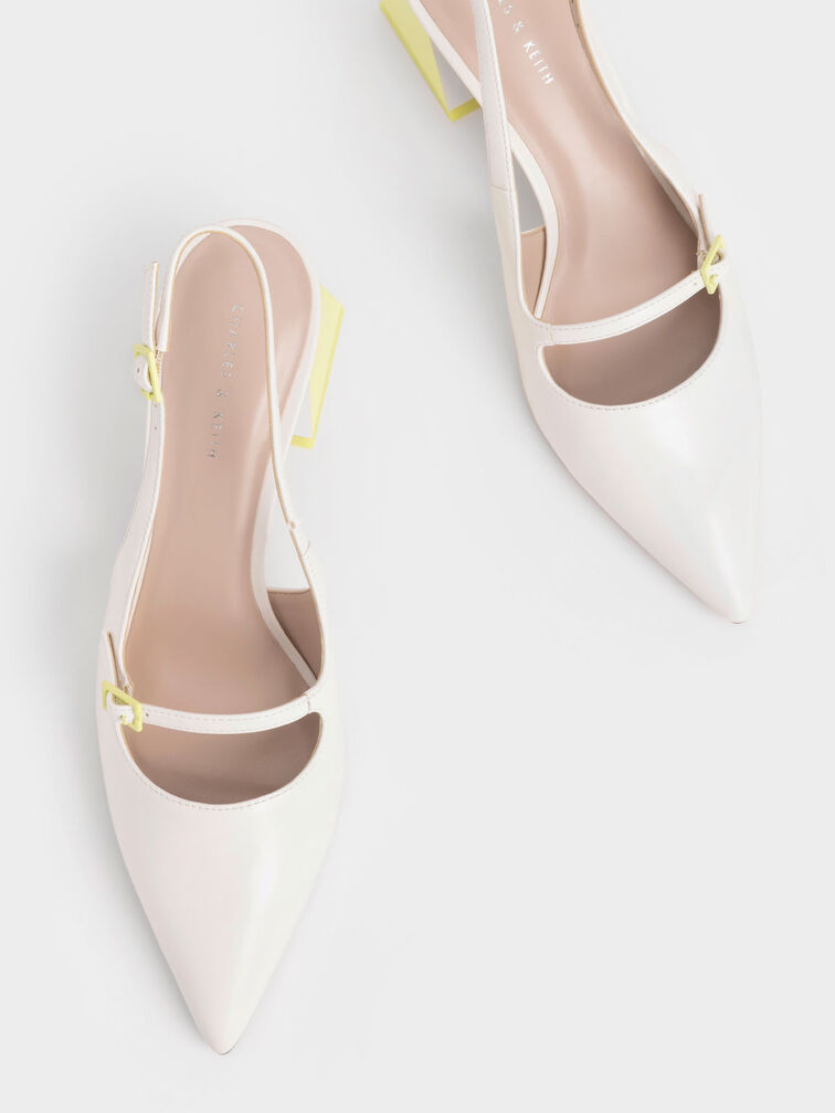 Two-Tone Trapeze Heel Slingback Pumps, White, hi-res
