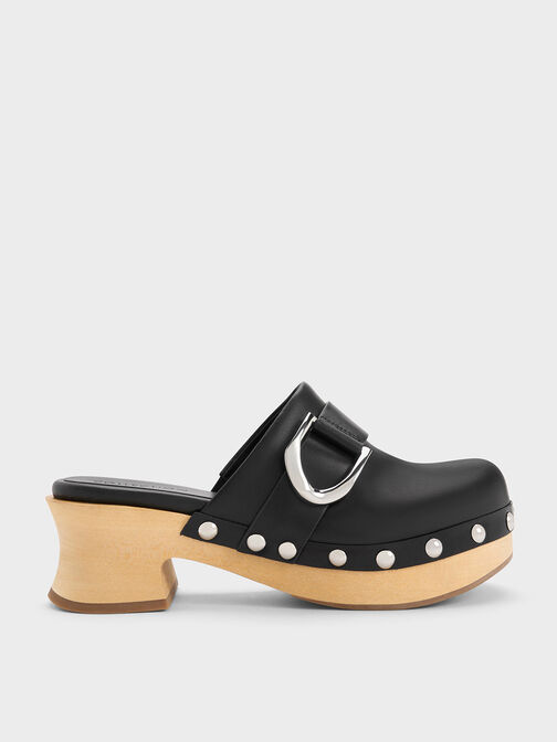 Gabine Studded Leather Clogs, Black, hi-res