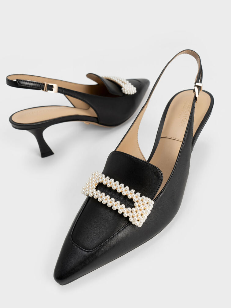 Leather Beaded Slingback Pumps, Black, hi-res