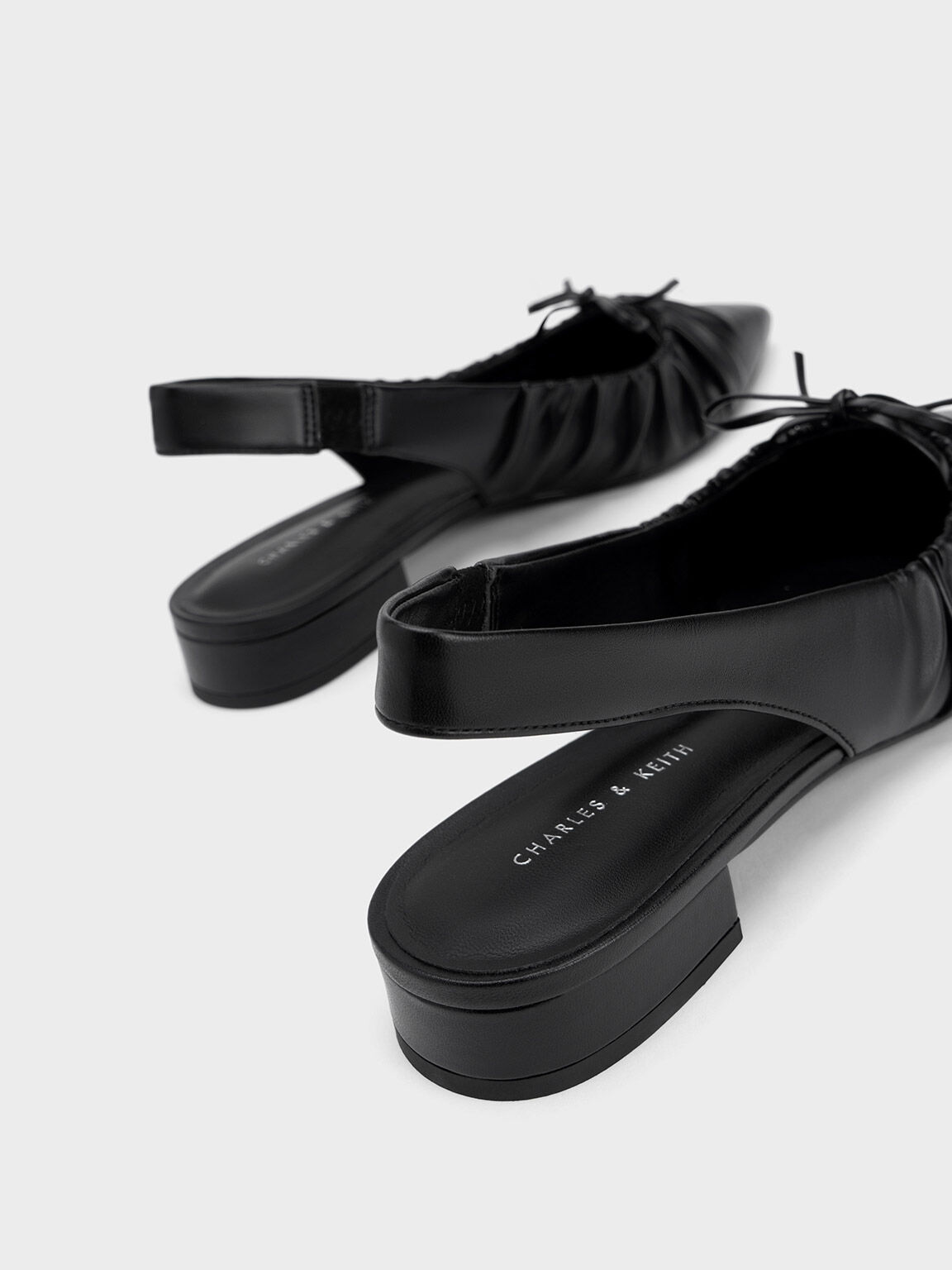 Bow Ruched Slingback Flats, Black, hi-res