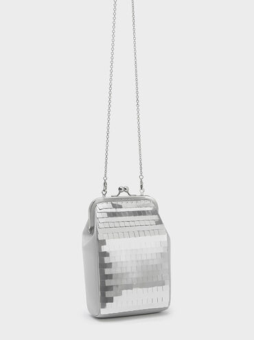 Disc-Embellished Chain Handle Pouch, Silver, hi-res