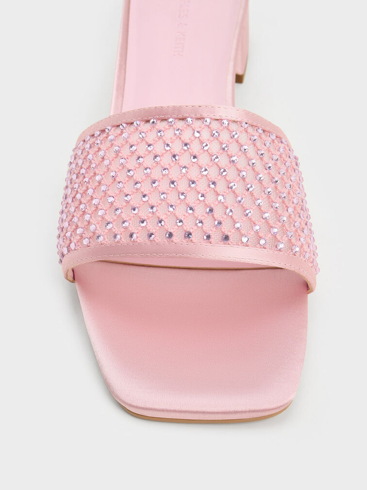 Mesh Crystal-Embellished Heeled Mules, Light Pink, hi-res