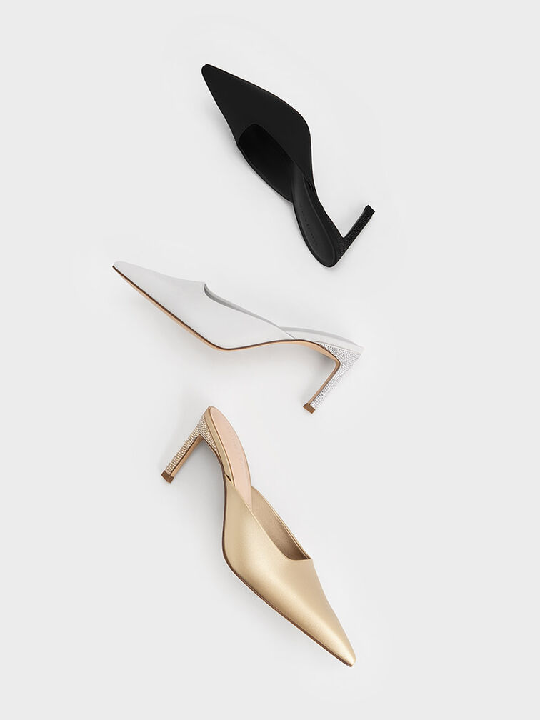 Crystal-Heel Pointed-Toe Mules, Gold, hi-res