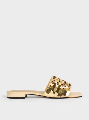 Sequinned Satin Slide Sandals, Gold, hi-res