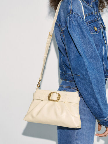 Avis Belted Ruched Shoulder Bag, Cream, hi-res