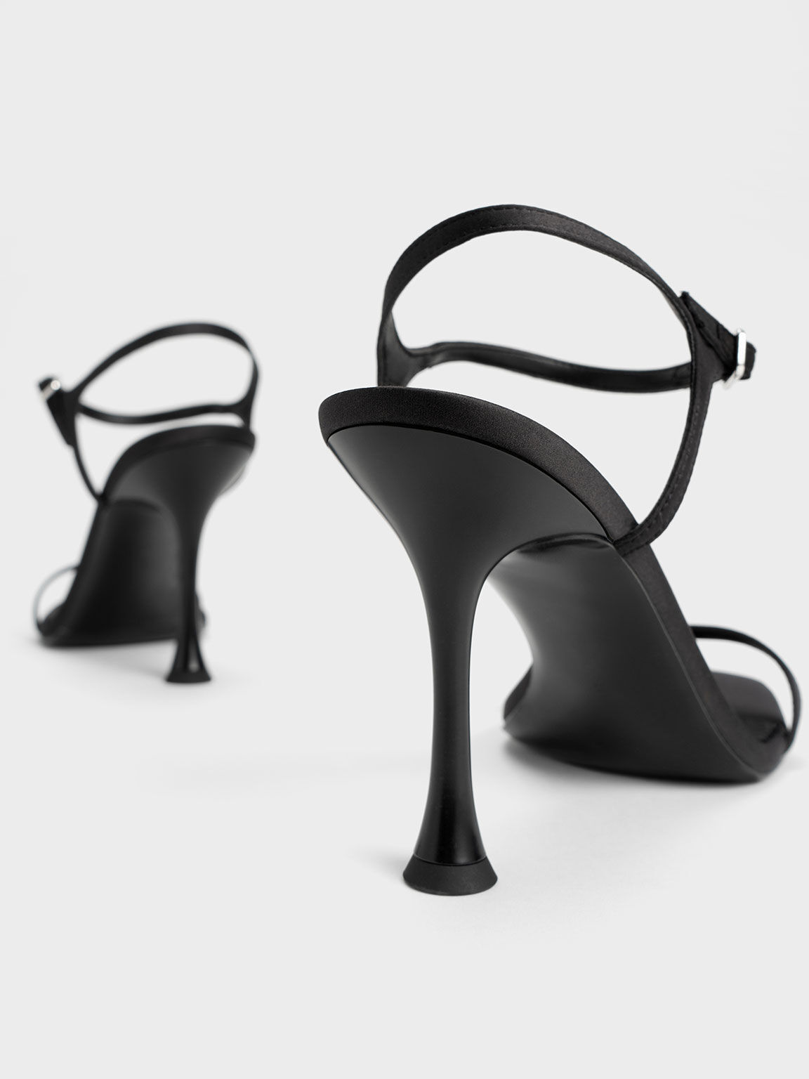 Spool Heel Satin Sandals, Black, hi-res