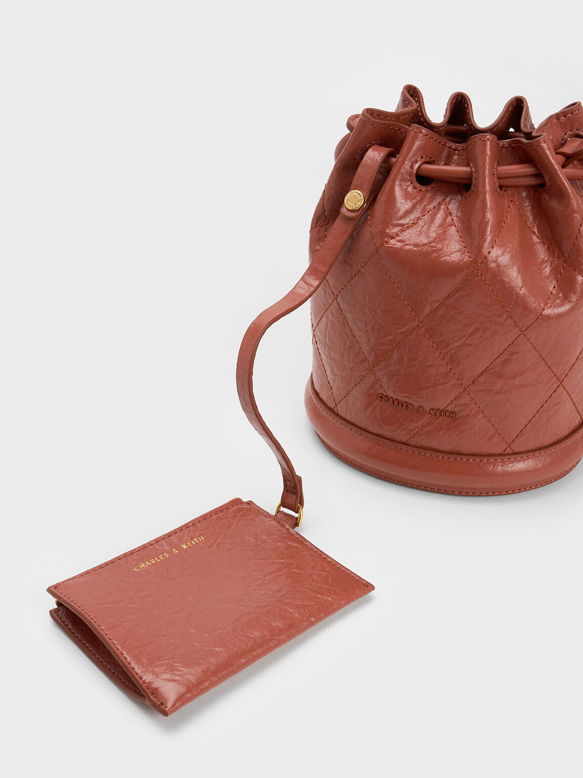 Blossom Quilted Drawstring Bucket Bag, Brick, hi-res