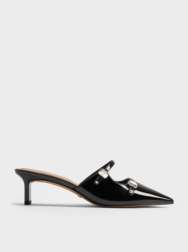 Patent Leather Gem-Buckle Pointed-Toe Heeled Mules, Black Patent, hi-res