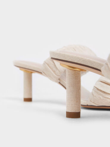 Linen Ruched Heeled Mules, Chalk, hi-res