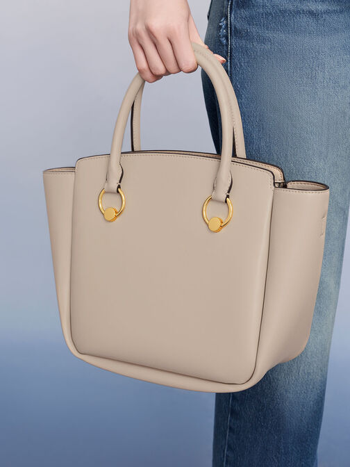 Ring-Embellished Large Tote Bag, Beige, hi-res