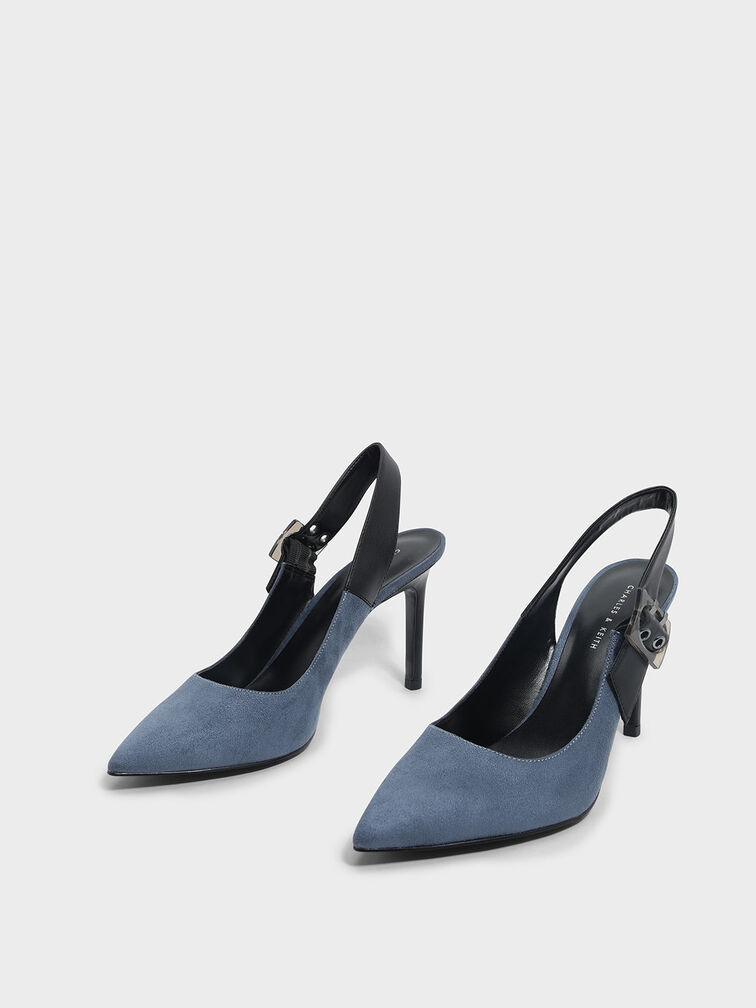Textured Buckled Slingback Pumps, Blue, hi-res