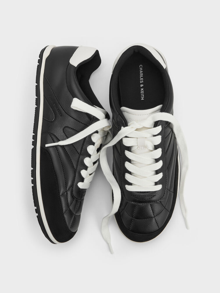 Faux Suede Two-Tone Low-Top Sneakers, Black, hi-res