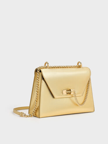Samantha Metallic Envelope Chain-Handle Bag, Gold, hi-res