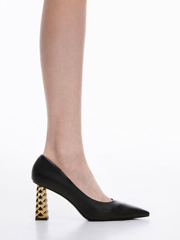 Quilted Heel Pointed-Toe Pumps, Black, hi-res