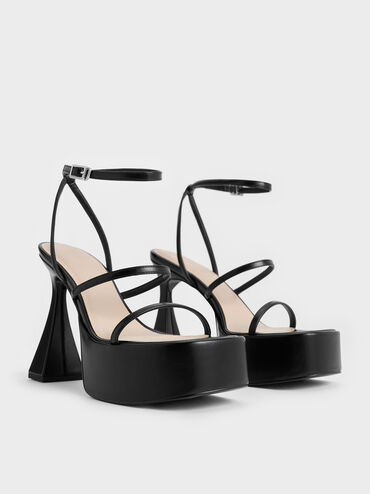 Strappy Sculptural-Heel Platform Sandals, Black, hi-res