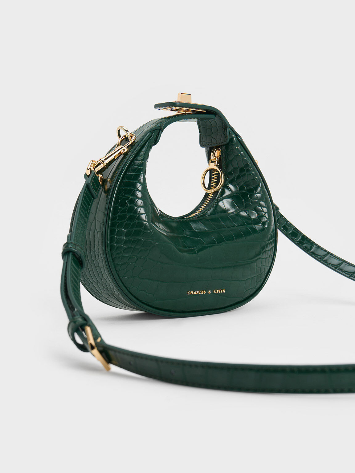 Dark Green Mini Croc Effect Moon Bag CHARLES KEITH SA