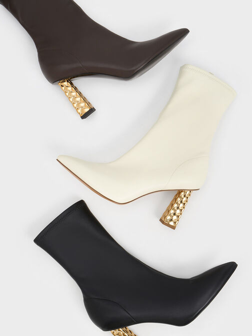 Pointed-Toe Quilted Heel Ankle Boots, Dark Brown, hi-res