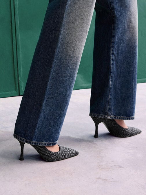 Denim Pointed-Toe Spool-Heel Pumps, Black Textured Denim Pointed-Toe Spool-Heel Pumps, Black Textured, hi-res
