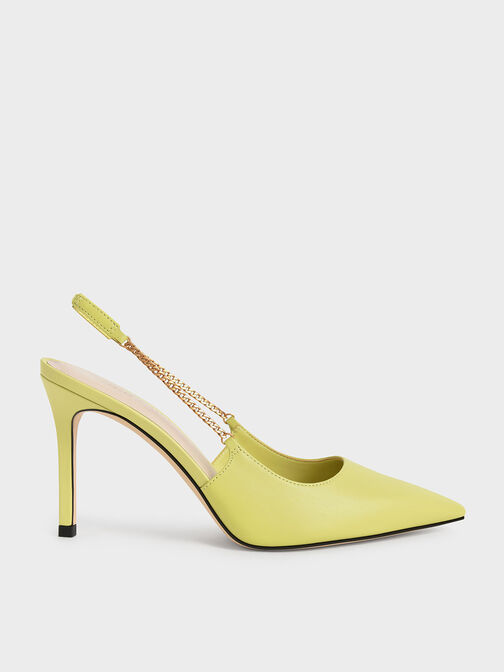 Chain-Link Slingback Stiletto Pumps, Lime, hi-res