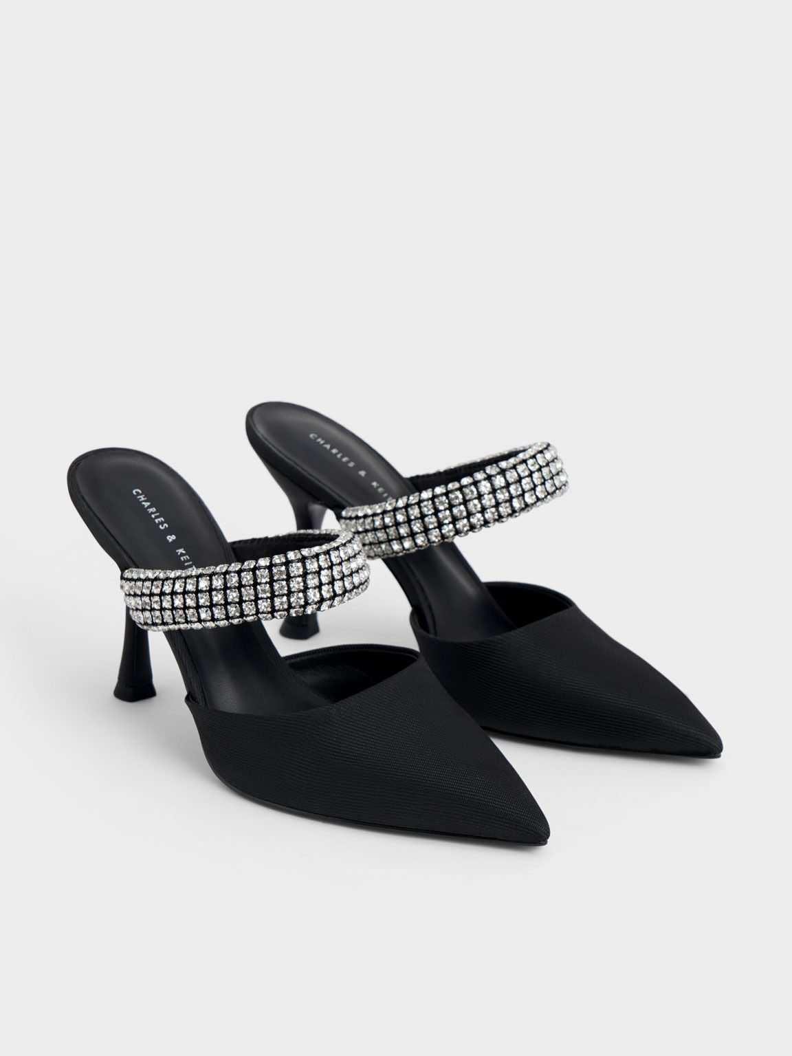 Gem-Embellished Strap Mules, Black, hi-res
