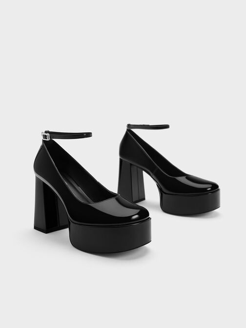 Patent Ankle-Strap Platform Pumps, Black, hi-res