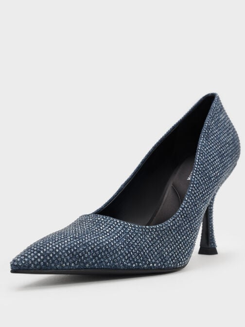 Denim Pointed-Toe Spool-Heel Pumps, Denim Blue Denim Pointed-Toe Spool-Heel Pumps, Denim Blue, hi-res