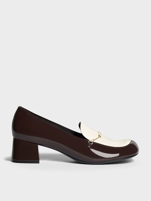 Lexie Chain-Link Two-Tone Heeled Loafers, Dark Brown, hi-res