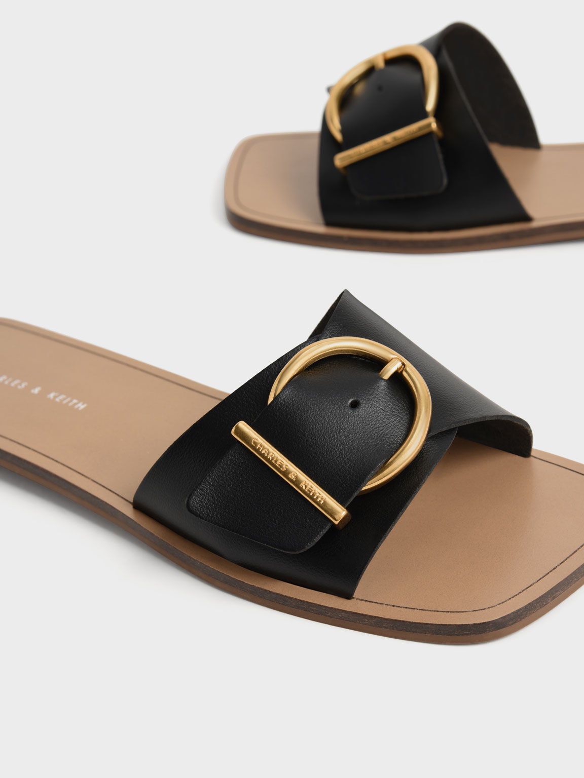 Square Toe Buckled Slides, Black, hi-res