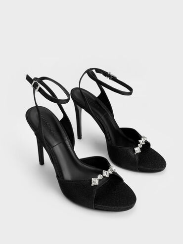 Glittered Gem-Encrusted Ankle Strap Sandals, Black, hi-res