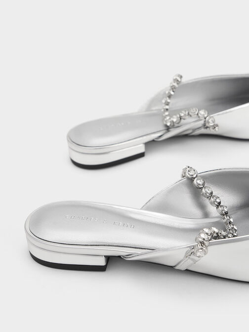 Gem-Strap Metallic Flat Mules, Silver, hi-res