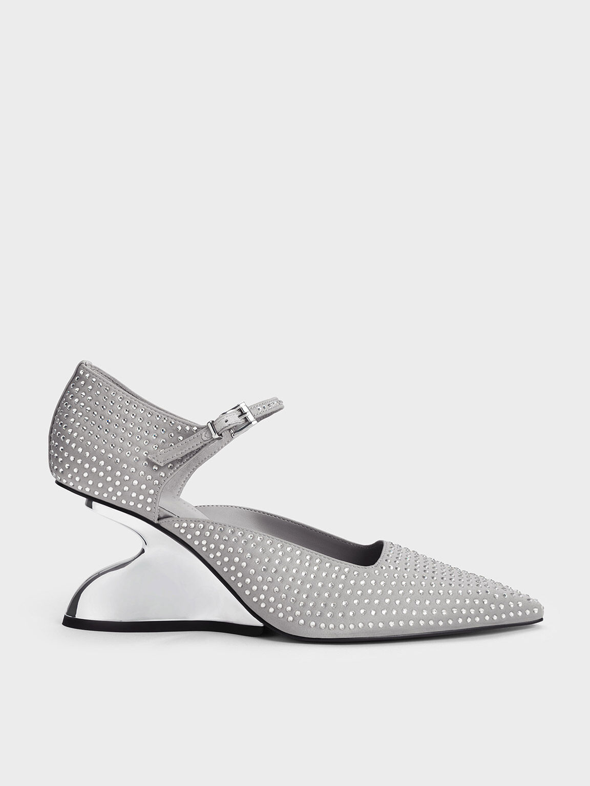 Zania Gem-Embellished Sculptural D'Orsay Wedges, Grey, hi-res