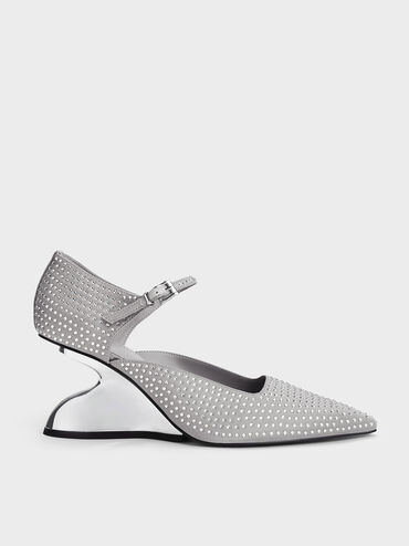 Zania Gem-Embellished Sculptural D'Orsay Wedges, Grey, hi-res