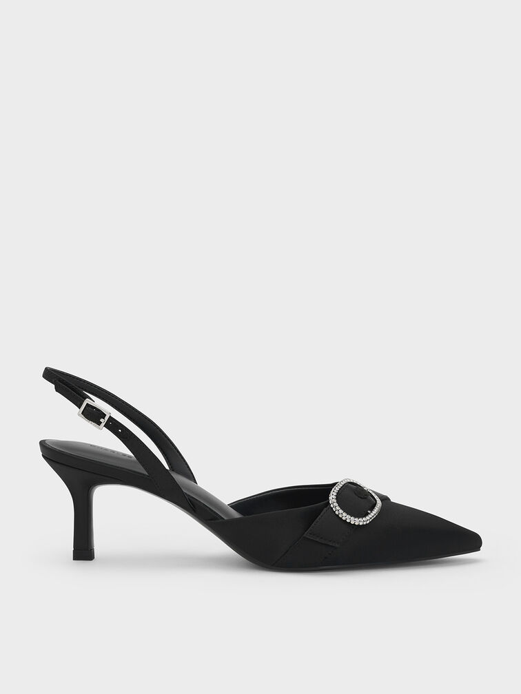Jannie Recycled Polyester Crystal-Buckle Slingback Pumps, Black Textured, hi-res