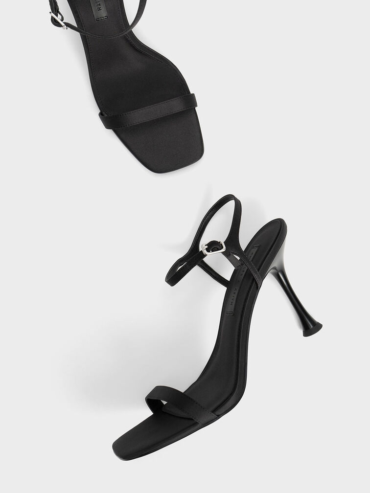 Spool Heel Satin Sandals, Black, hi-res