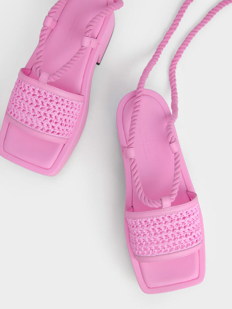 Micah Raffia & Leather Tie-Around Flatforms, Pink, hi-res