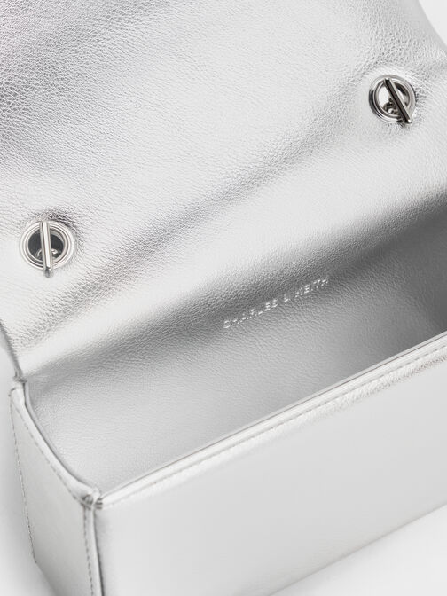 Metallic Crystal-Buckle Belted Chain-Handle Bag, Silver, hi-res